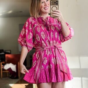 Cleobella Magdalena Mini Dress Size XS Belted Raspberry Pink Purple Patterned